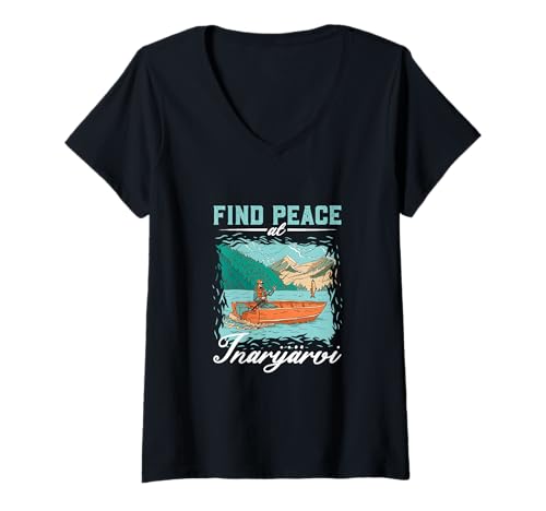 Damen Angeln am Inarijärvi T-Shirt mit V-Ausschnitt Damen Angeln am Inarijärvi T-Shirt mit V-Ausschnitt von See Urlaub in Finnland