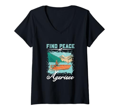 Damen Angeln am Ägerisee T-Shirt mit V-Ausschnitt von See Urlaub in Schweiz