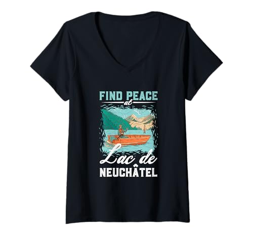 Damen Angeln am Lac de Neuchâtel T-Shirt mit V-Ausschnitt von See Urlaub in Schweiz