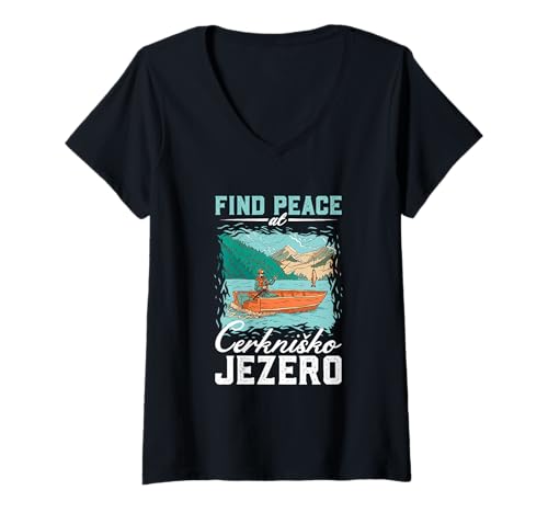 Damen Angeln am Cerkniško jezero T-Shirt mit V-Ausschnitt Damen Angeln am Cerkniško jezero T-Shirt mit V-Ausschnitt von See Urlaub in Slowenien