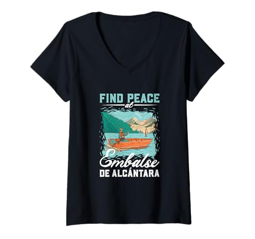 Damen Angeln am Embalse de Alcántara T-Shirt mit V-Ausschnitt von See Urlaub in Spanien