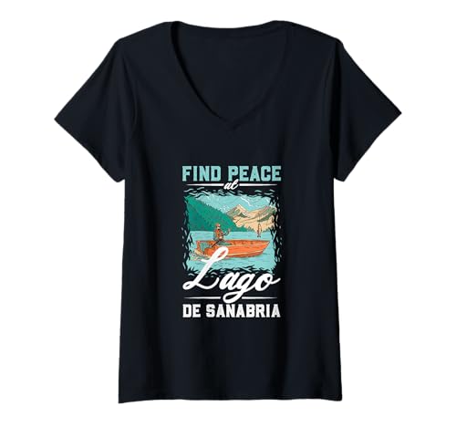Damen Angeln am Lago de Sanabria T-Shirt mit V-Ausschnitt von See Urlaub in Spanien