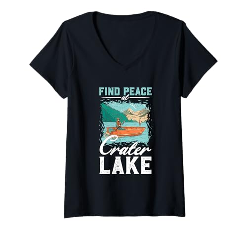 Damen Angeln am Crater Lake T-Shirt mit V-Ausschnitt von See Urlaub in USA