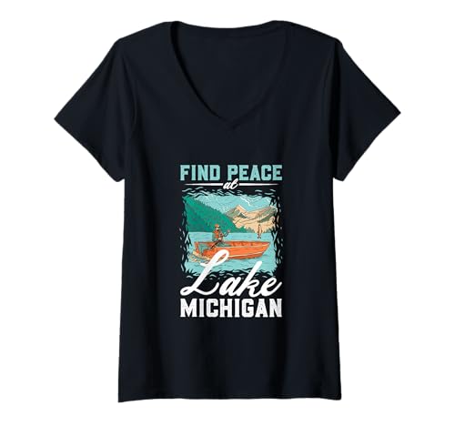 Damen Angeln am Lake Michigan T-Shirt mit V-Ausschnitt Damen Angeln am Lake Michigan T-Shirt mit V-Ausschnitt von See Urlaub in USA