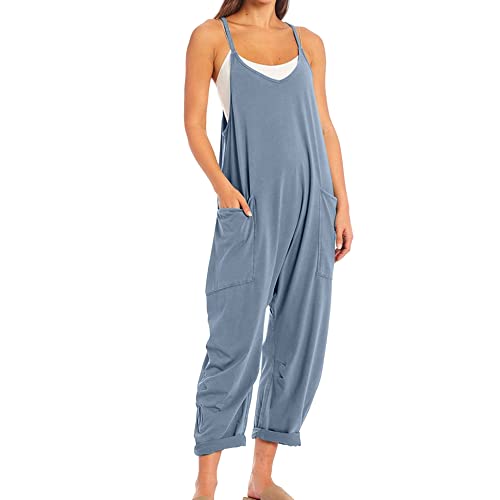 SeeLuNa Lässiger ärmelloser Damen-Overall, V-Ausschnitt, Spaghetti-Träger, weites Bein, Overall, Jumpsuit mit Taschen, Blau Grau, Small von SeeLuNa