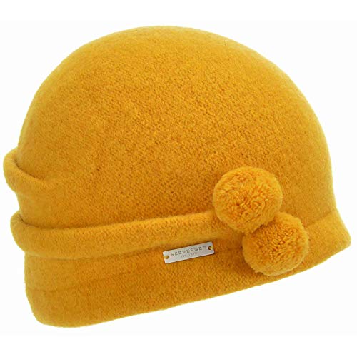 Seeberger Damen Beanie Wolle Cotta | Walkbeanie mit Mini-Bommeln | Einheitsgröße | Herbst / Winter, Gelb One size von Seeberger