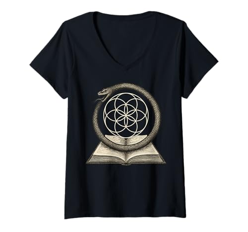 Damen Ouroboros Buch Samen des Lebens Heiliges Symbol Kunst T-Shirt mit V-Ausschnitt Damen Ouroboros Buch Samen des Lebens Heiliges Symbol Kunst T-Shirt mit V-Ausschnitt von Seed of Life Snake Circle Book Knowledge Design