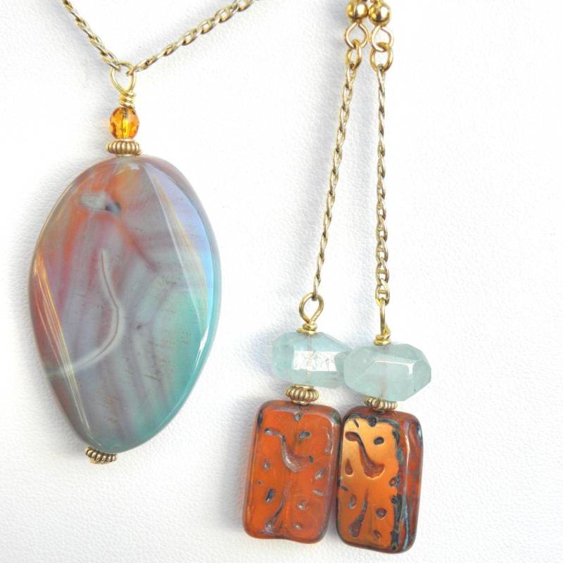 Achat Anhänger Halskette Mit Passenden Ohrringen, Türkis, Recyceltes Glas, Gold Filled Kette, Handgefertigt, Modern Achat Anhänger Halskette Mit Passenden Ohrringen, Türkis, Recyceltes Glas, Gold Filled Kette, Handgefertigt, Modern von SeedlingDesigns