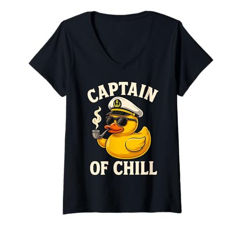 Damen Captain of Chill Gummiente Kreuzfahrt Urlaub Vibes T-Shirt mit V-Ausschnitt von Seefahrer Entchen Club