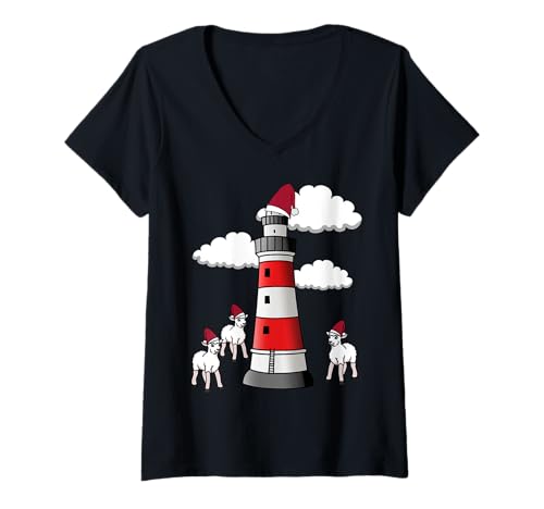 Damen Küste Leuchtturm Schafe Weihnachten Meer Deutschland Deich T-Shirt mit V-Ausschnitt Damen Küste Leuchtturm Schafe Weihnachten Meer Deutschland Deich T-Shirt mit V-Ausschnitt von Seefahrt Küste Geschenkideen Meer