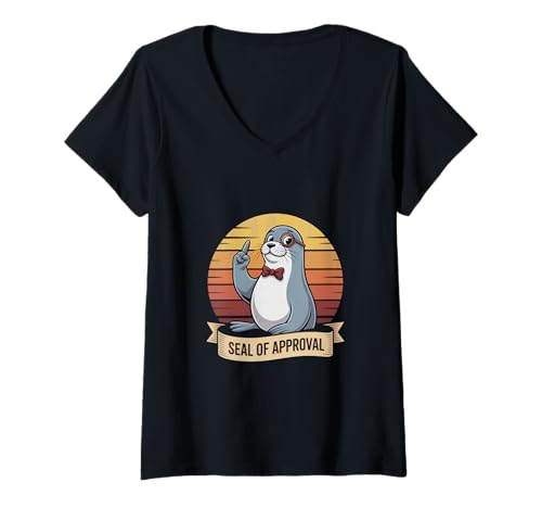 Damen Retro Seehund Nerd Brille Seal of Approval Cartoon T-Shirt mit V-Ausschnitt von Seehund Retro Humor Spruch Nerd Brille Cartoon