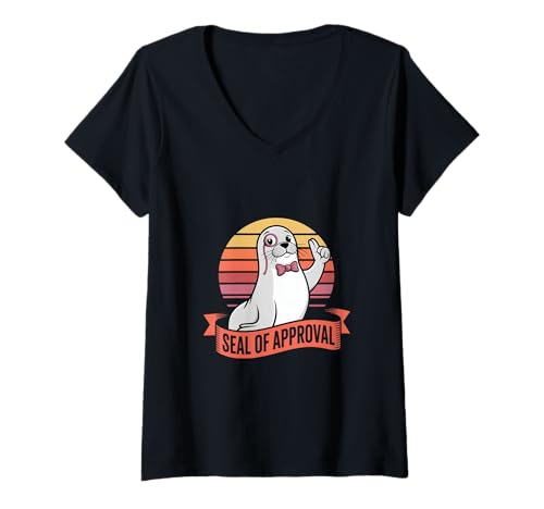 Damen Lustige Robbe Retro Monokel Schleife Seal of Approval T-Shirt mit V-Ausschnitt von Seehund Wortspiel Retro Robbe Monokel Humor