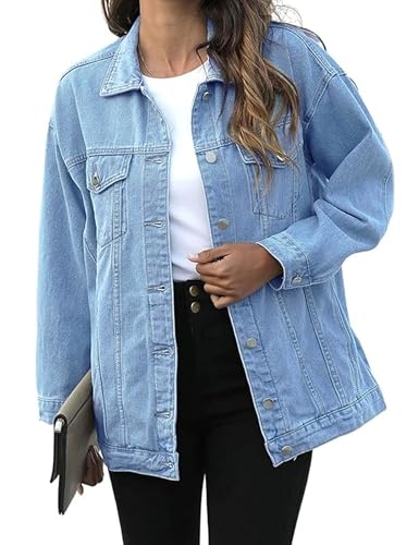 SeekMe Damen Oversize Button Down Washed Denim Mantel Trucker Jeansjacke mit Taschen - Blau - Medium SeekMe Damen Oversize Button Down Washed Denim Mantel Trucker Jeansjacke mit Taschen - Blau - Medium von SeekMe