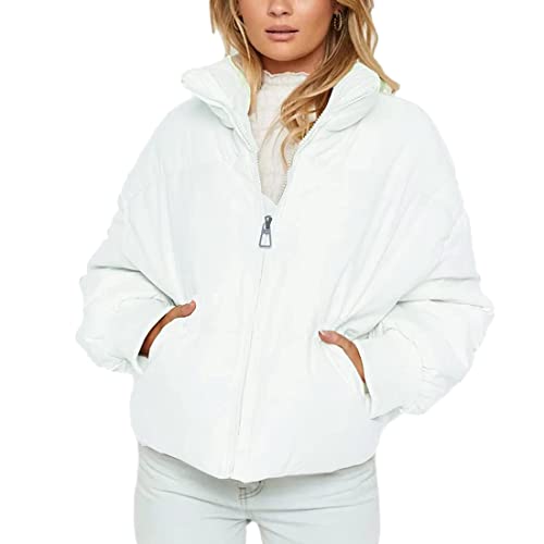 SeekMe Damen Oversize Cropped Puffer Jacke Langarm Full Zip Leicht Kurz Stepp Daunenmantel, Weiß, Medium von SeekMe