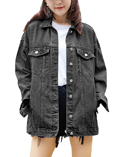 SeekMe Damen Oversized Jeans Jacke Plus Size Mode Boyfriend Button Down Washed Denim Jacke, GRAU, XXL von SeekMe