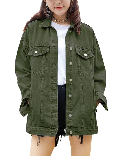 SeekMe Damen Oversized Jeans Jacke Plus Size Mode Boyfriend Button Down Washed Denim Jacke, Grün , M von SeekMe