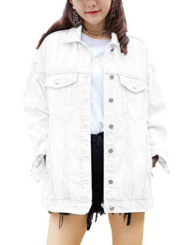 SeekMe Damen Oversized Jeans Jacke Plus Size Mode Boyfriend Button Down Washed Denim Jacke, Weiss/opulenter Garten, M von SeekMe