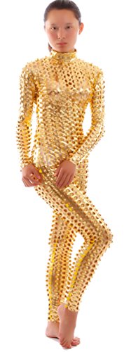 Seeksmile Unisex Hohl geschnitzter glänzender Tanzanzug Catsuit Bodysuit, gold, Small von Seeksmile