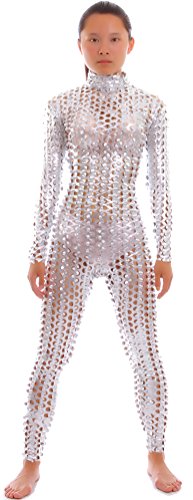 Seeksmile Unisex Hohl geschnitzter glänzender Tanzanzug Catsuit Bodysuit, silber, X-Large von Seeksmile