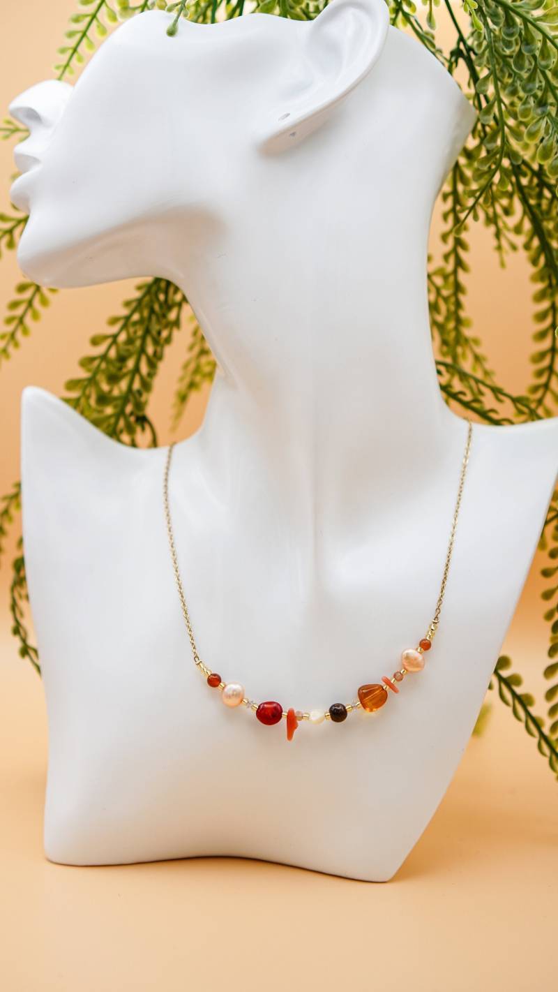 Edelsteinkette Aus Echten Edelsteinen Und Süßwasserperlen, Karneol, Sonnenstein, Bernstein, Tigerauge, Opal Koralle von SeelenfreundShop