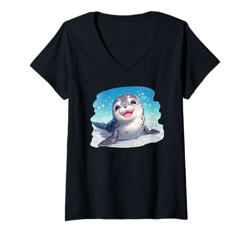 Damen Seeleoparden Seeleopard T-Shirt mit V-Ausschnitt Damen Seeleoparden Seeleopard T-Shirt mit V-Ausschnitt von Seeleoparden Seeleopard Tier Shop