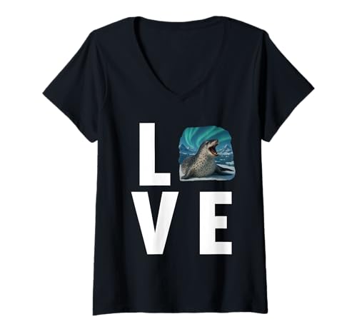 Damen Seeleoparden Seeleopard T-Shirt mit V-Ausschnitt Damen Seeleoparden Seeleopard T-Shirt mit V-Ausschnitt von Seeleoparden Seeleopard Tier Shop
