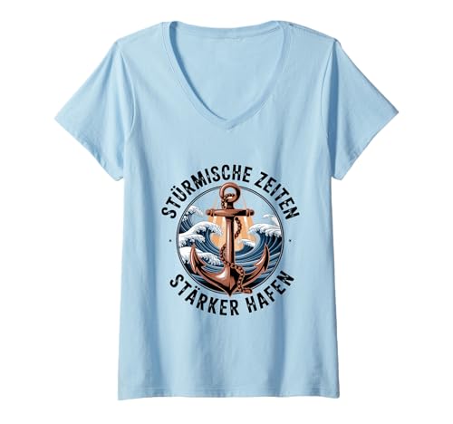 Damen Bleiben Sie in den Stürmen wahr und Machen Sie den T-Shirt mit V-Ausschnitt von Seemarme Seegelwellen segeln