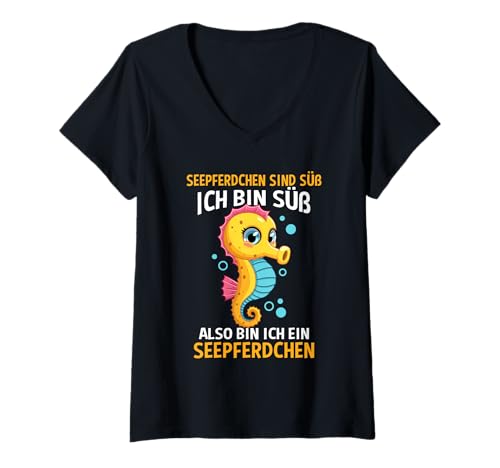 Damen Seepferdchen Sind Süß Ich Bin Süß Also Bin Ich EIN Seepferd T-Shirt mit V-Ausschnitt Damen Seepferdchen Sind Süß Ich Bin Süß Also Bin Ich EIN Seepferd T-Shirt mit V-Ausschnitt von Seepferd Meeresbewohner Schwimmabzeichen Motiv
