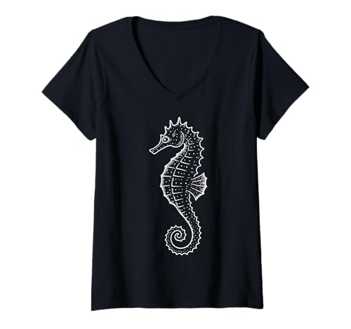 Damen Seepferdchen Illustration T-Shirt mit V-Ausschnitt Damen Seepferdchen Illustration T-Shirt mit V-Ausschnitt von Seepferdchen Aquarium Meeresbiologe Sporttaucher