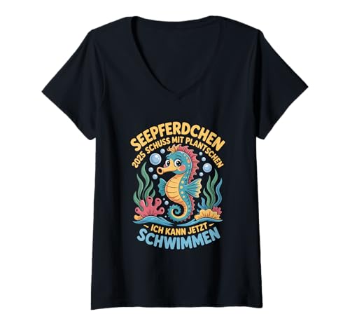 Damen Seepferdchen 2025 Schluss Mit Planschen T-Shirt mit V-Ausschnitt von Seepferdchen Schwimmen Lernen Kinder Spaß