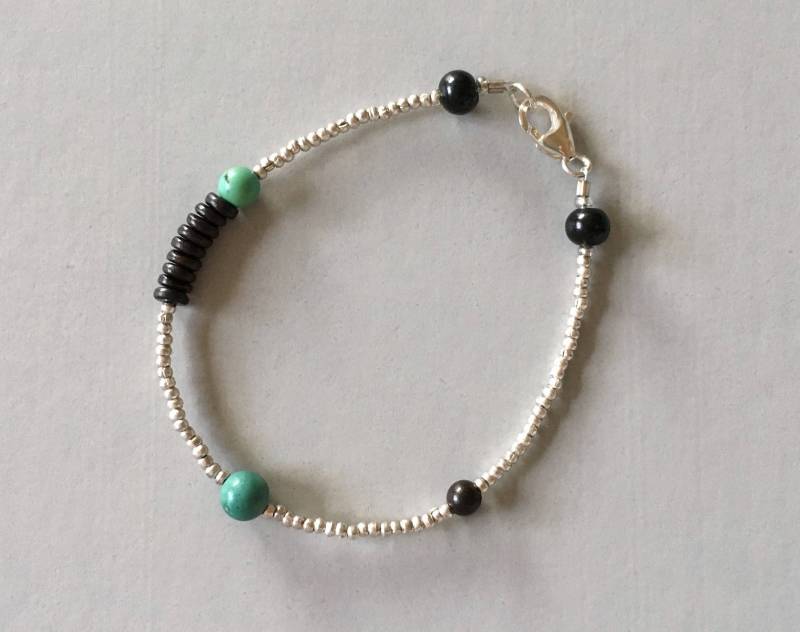 925 Sterling Silver Seed Bead Armband, Türkis-Armband, Schwarze Holzperle Geschenk Für Sie von SeesawDesignStudio