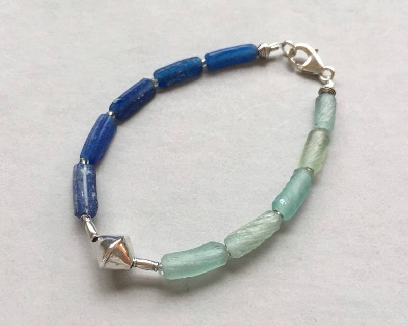 Antike Grünes Glas Bead Armband, Antike Blaue 925 Sterling Silberarmband von SeesawDesignStudio
