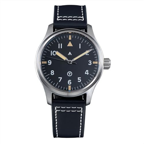 Seestern Black Pilot Automatikuhr S424 Stahl Leder Schwarz Saphir Herrenuhr, Schwarz von Seestern