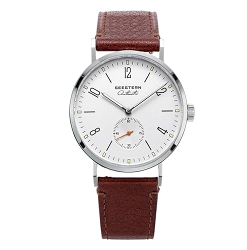Seestern S382 Mechanische Automatikuhr Stahl Braun Weiß Leder Saphir Herrenuhr, braun, Armband von Seestern