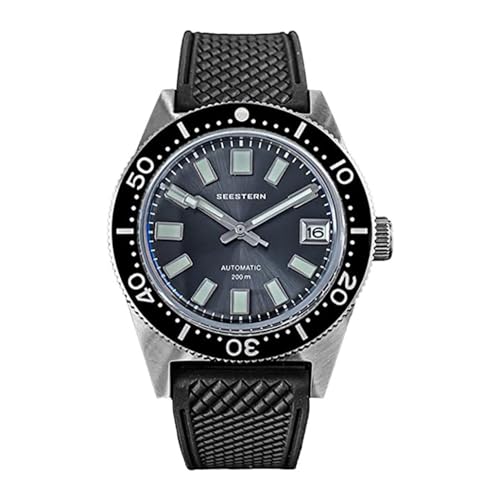 Seestern S404 Automatik Stahl Grau Full Lumen Schwarz Datumsanzeige Silikon Diver Herrenuhr, Armband von Seestern