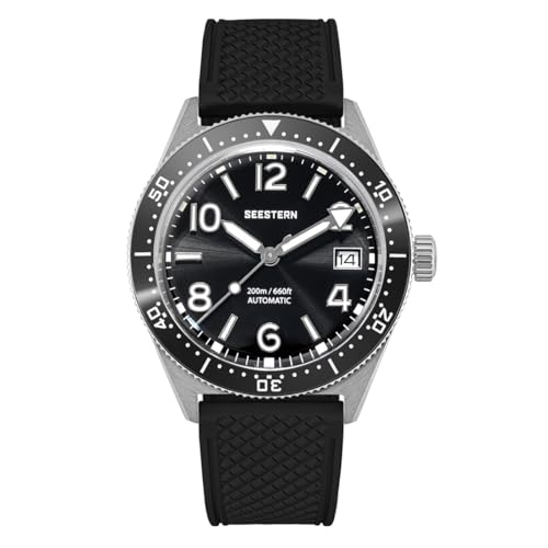 Seestern S434-2 Mechanisch Stahl Schwarz Silikon Datum Saphir Herrenuhr, Schwarz , Armband von Seestern