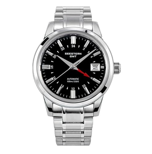 Seestern S446 GMT Automatik Stahl Schwarz Datumsanzeige Saphir Herrenuhr, Armband von Seestern