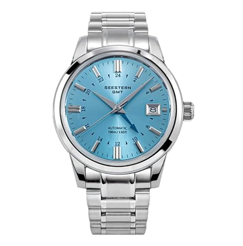 Seestern S446 GMT Automatik Stahl Blau Datum Saphir Herrenuhr, Armband von Seestern