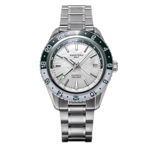 Seestern S456 GMT Automatik Stahl Datum Grün Weiß Saphir Herrenuhr, Weiß von Seestern