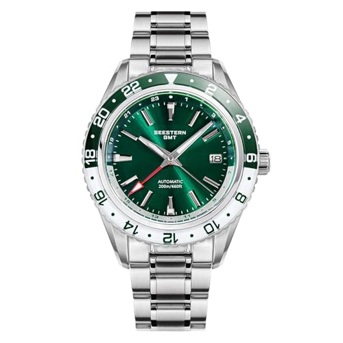 Seestern S456 GMT Automatik Stahl Datum Grün Weiß Saphir Herrenuhr, grün von Seestern