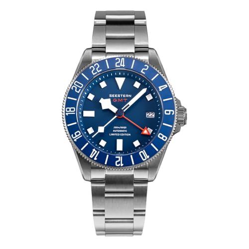 Seestern S462 Automatik Titan GMT Blau Datumsanzeige Saphir 24h Herrenuhr, blau, Armband von Seestern