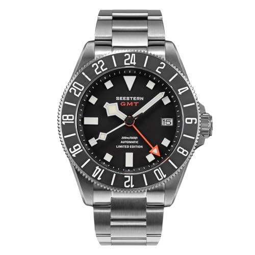 Seestern S462 Automatik Titan GMT Schwarz Datum Saphir 24h Herrenuhr, blau, Armband von Seestern