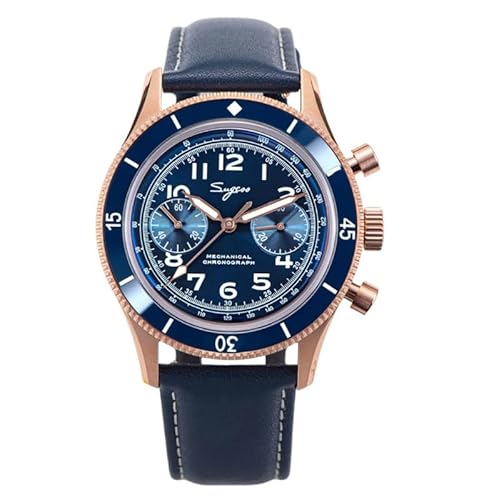 Seestern Sugess Chronograph Mechanisch Rosegold Pilot Stahl Roségold Leder Blau Herrenuhr, Armband von Seestern