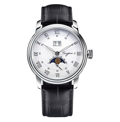 Seestern Sugess MoonPhase Mechanische Uhr Stahl Schwarz Weiß Leder Datum Saphir Herren, Schwarz , Armband von Seestern