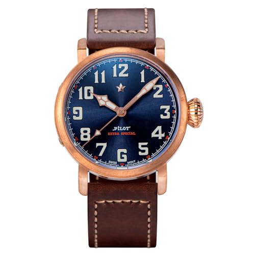 Seestern Sugess Pilot Master S408 Automatik Bronze Blau Braun Leder Saphir Herrenuhr, bronze, Armband von Seestern