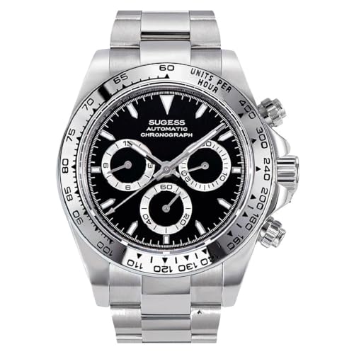 Seestern Sugess S418-2 Chronograph Automatik Stahl Schwarz Weiß Saphir Herrenuhr, Weiß, Armband von Seestern
