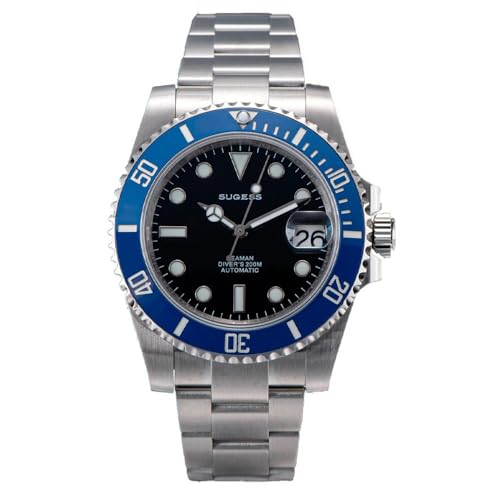 Seestern Sugess S421 Automatikuhr aus Stahl Blau Schwarz Datum Saphir Herren, Schwarz , Armband von Seestern