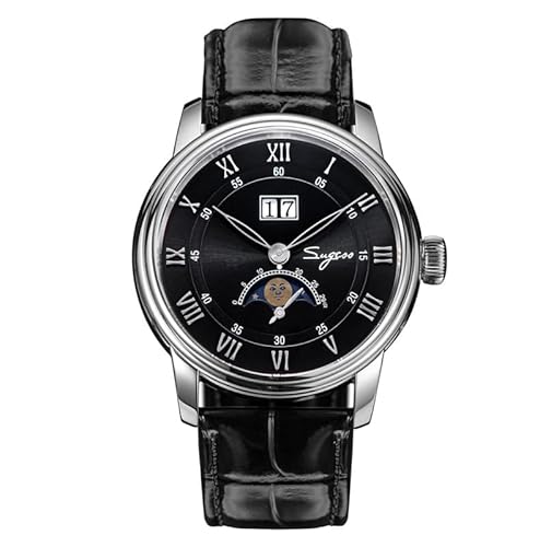 Seestern Sugess S437 MoonPhase mechanische Herrenuhr aus schwarzem Leder, Schwarz von Seestern