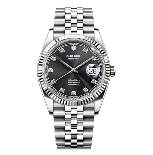 Seestern Sugess S448 Classic Automatik Stahl Schwarz Datum Saphir Herrenuhr, Schwarz , Armband von Seestern