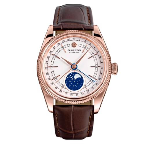Seestern Sugess S452 Automatik Stahl Leder Braun Rose Gold Weiß Mondphase Saphir Herrenuhr, braun, Armband von Seestern